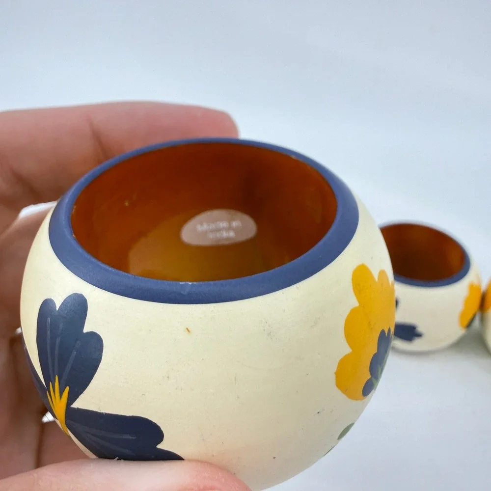 Vintage Floral Napkin Rings Set of 6 Cream Blue Yellow Hand Painted Ceramic